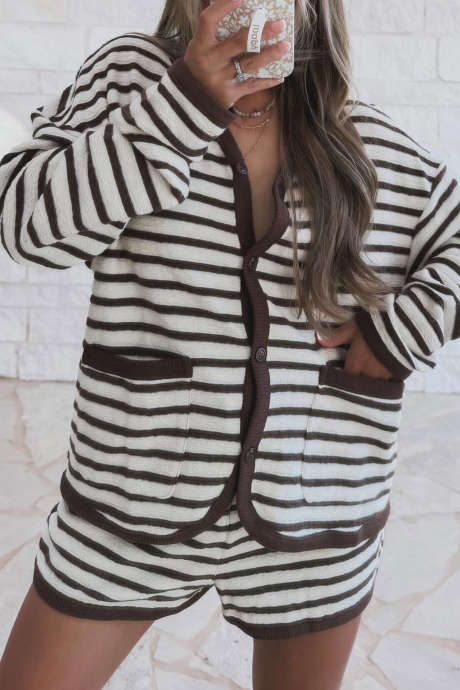 Brown Stripe Contrast Trim Button Long Sleeve Top Casual Short Set