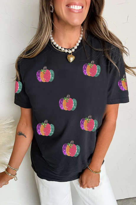 T-shirt casual girocollo con stampa di zucca nera ricamata con paillettes.