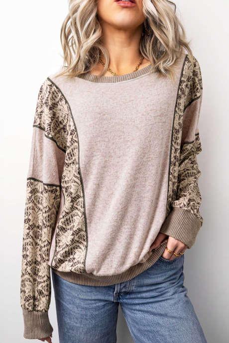 Top a maniche lunghe con scollo rotondo e stampa floreale color kaki