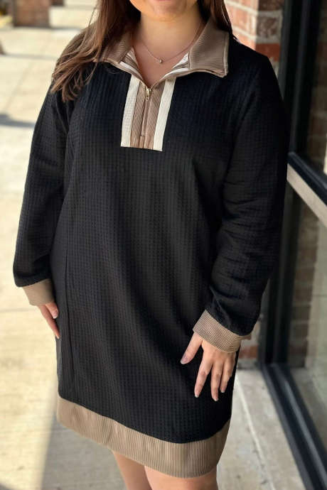 Black Plus Textured Contrast Trim Zip Neck Long Sleeve Casual Dress