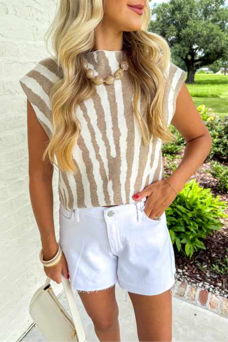 Beige Casual Abstract Print Short Sleeve Loose Sweater