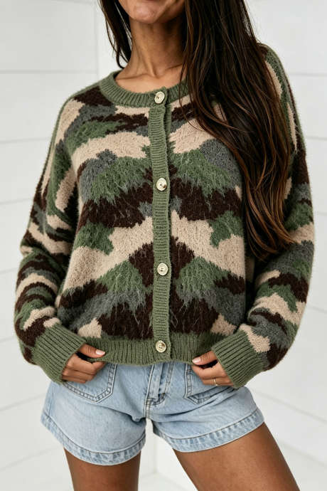 Green Brushed Knit Camouflage Button-Up Sweater Cardigan
