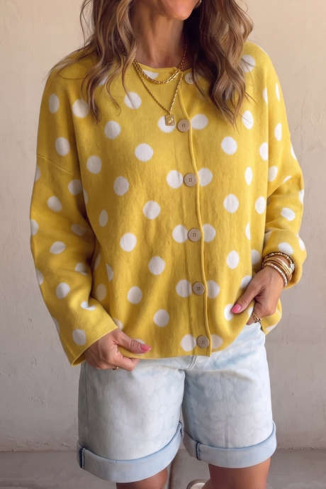 Yellow Polka Dot Button Down Dropped Shoulder Shift Cardigan