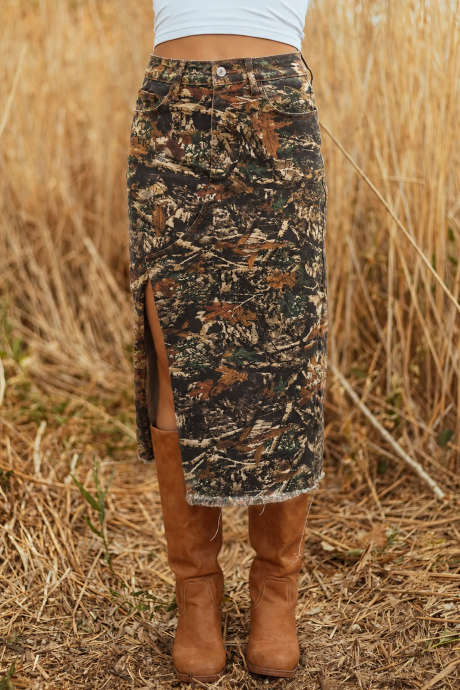 Multicolour Woodland Camouflage Split Raw Hem Midi Western Skirt
