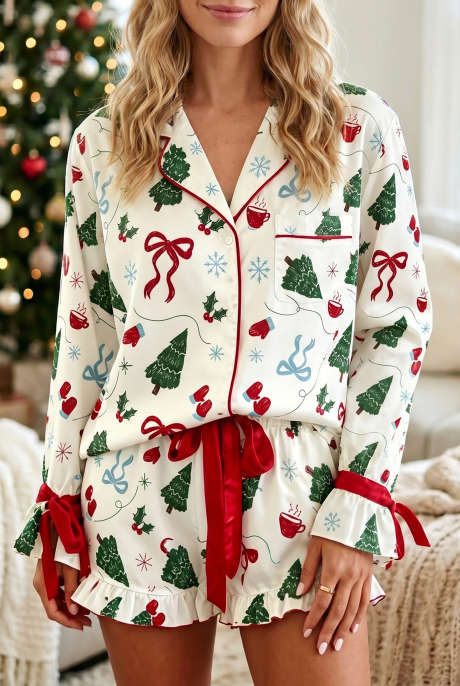 Set Pakaian Santai Lengan Panjang dengan Manset Berkerut Motif Natal Putih