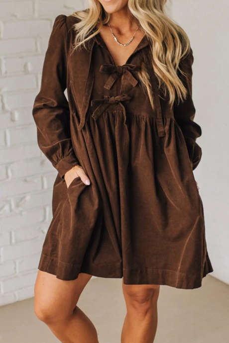 Coffee Bow Knot Long Sleeve Corduroy Mini Dress