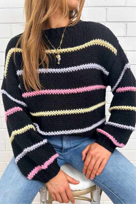 Black Stripe Dropped Shoulder Relaxed Pullover Sweater