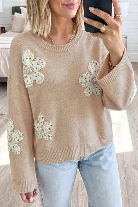 Smoke Gray Beaded Floral Patchwork Ribbed Trim Round Neck Sweater
