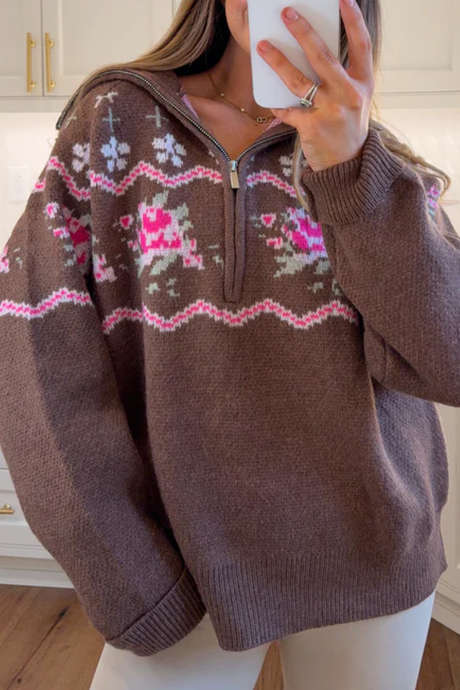 Brown Retro Floral Detail Half Zip Relaxed Tunic Sweater