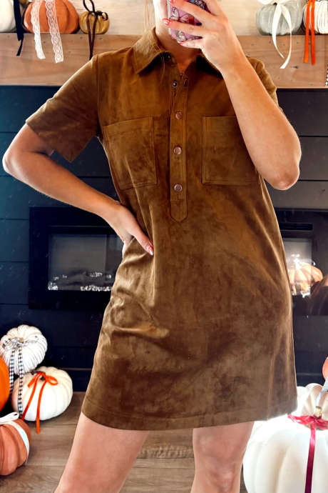 Camel Shirt Collar Half Button Short Sleeve Shift Dress