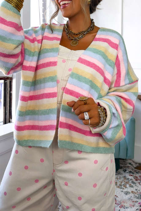 Multicolour Cozy Striped Open Front Dropped Shoulder Sweater Cardigan