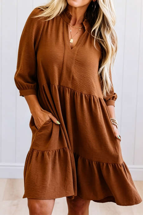 Chestnut 3/4 Sleeve Frilled Split Neck Tiered Mini Dress