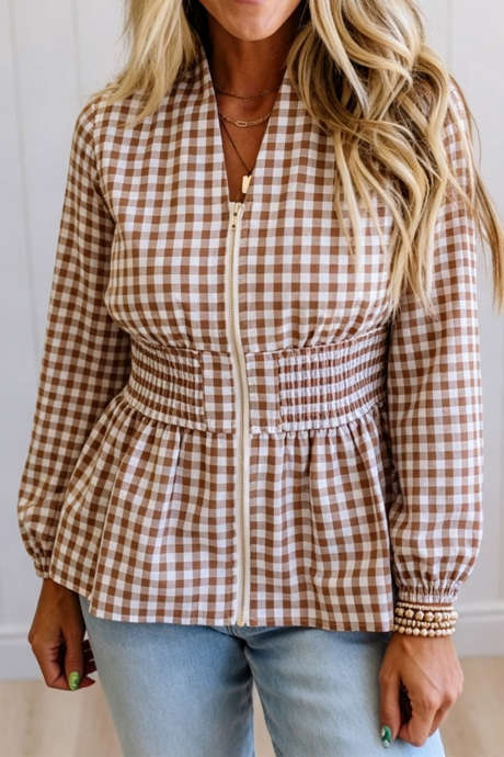 Áo kiểu peplum dài tay cổ chữ V, khóa kéo, kẻ caro nâu