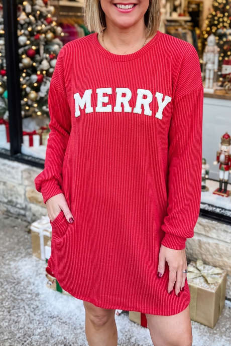 Fiery Red Twisted Ribbed MERRY Slogan Plus Size Casua Shift Dress