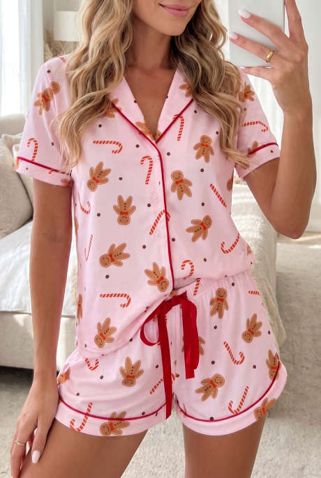 Set Pakaian Santai Lengan Pendek Warna Pink dengan Kancing Kerang dan Pinggang Elastis