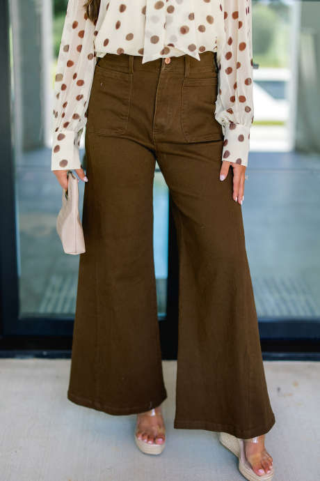 Breen Solid Color Flare Leg Casual Pocketed Jeans