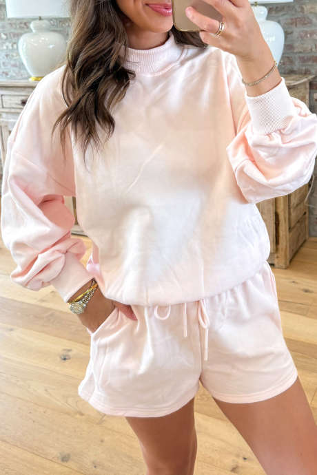 Light Pink Solid Color Mock Neck Long Sleeve Top and Shorts Set