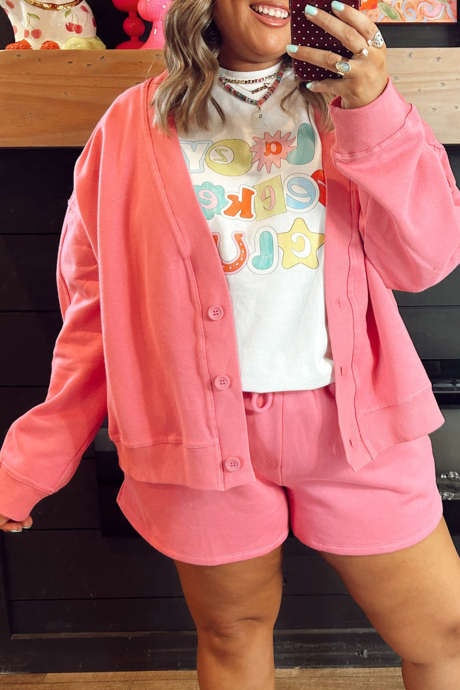 Peach Blossom Button V Neck Cardigan Solid Color Short Set