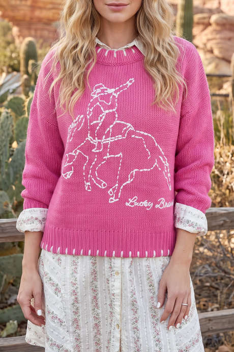 Felroze casual trui met ronde hals en westernstiksels
