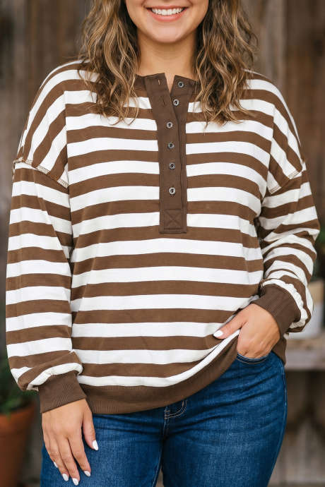 Sudadera tipo túnica de manga larga con cuello en V y puños acanalados, color caqui, talla grande PL2515779-P1619