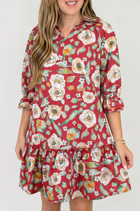 Vestido curto de manga curta com estampa floral vermelha