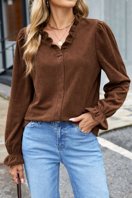 Jaket Korduroi Lengan Panjang Berkerah V dengan Hiasan Ruffle Warna Kopi Polos