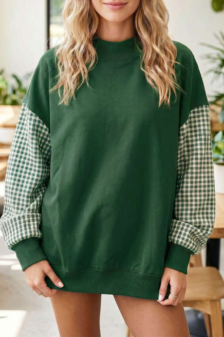 Sweatshirt Tunik Longgar Motif Kotak-kotak Evergreen dengan Blok Warna