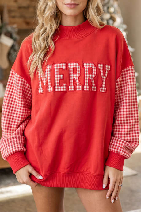 Sweatshirt Pullover Oversize Motif Kotak-kotak Gingham Merah Menyala