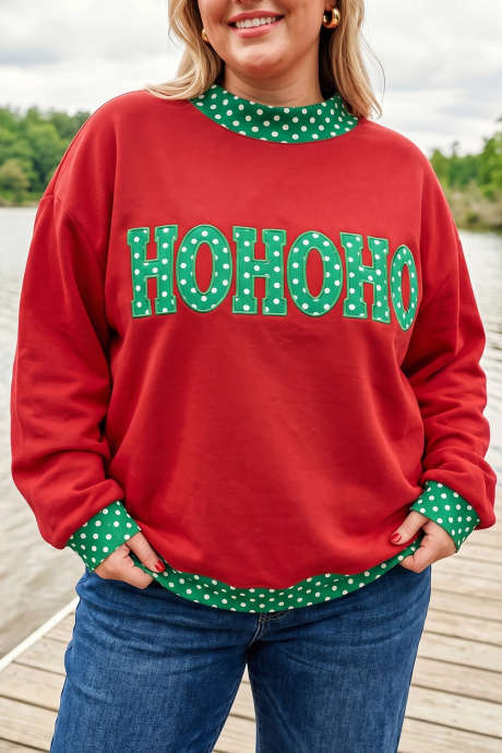Sweatshirt Ukuran Besar Motif Polkadot Kasual Merah Menyala