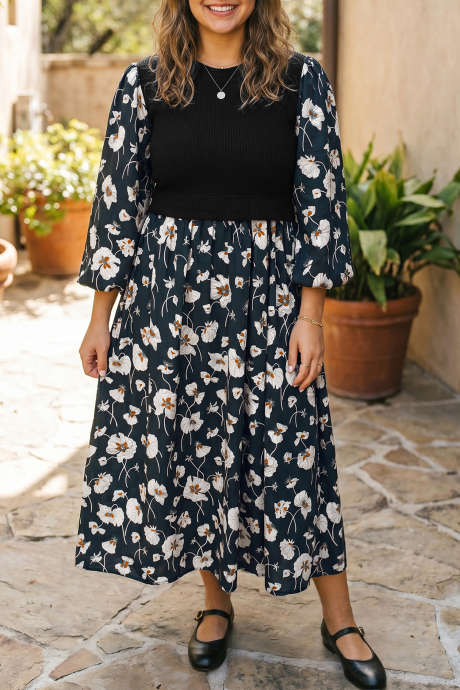 Gaun Model Shift Lengan Panjang Leher Bulat Motif Bunga Hitam Ukuran Plus