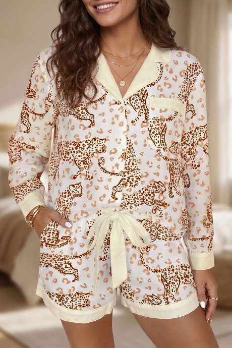 Set Pakaian Santai Lengan Panjang dengan Motif Leopard Kuning dan Blok Warna serta Saku di Bagian Depan