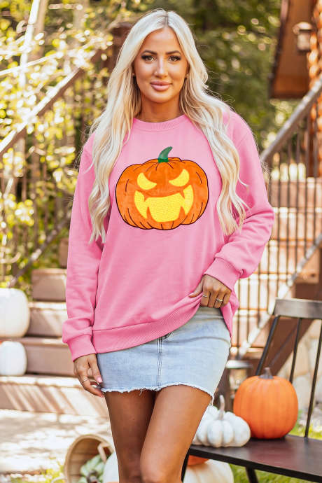Sweatshirt Lengan Panjang Leher Bulat dengan Bordir Wajah Labu Warna Pink