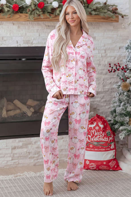 Setelan Santai 2 Potong Lengan Panjang Motif Santa Abstrak Warna Pink