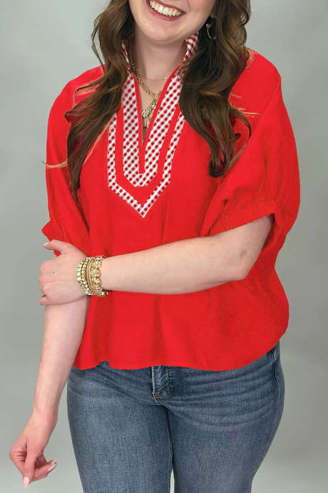 Blus Tunik Lengan Pendek Kerah Kotak-kotak Leher V Merah LC25137724-P3