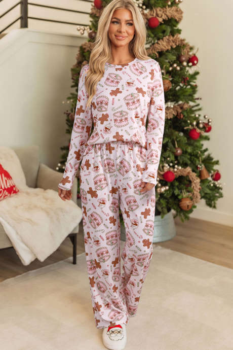 Setelan Santai Dua Potong Lengan Panjang Motif Abstrak Natal Warna Pink