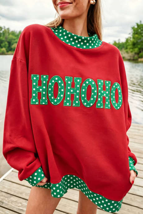 Sweatshirt Leher Tinggi Motif Polkadot Merah Menyala dengan Trim Kontras