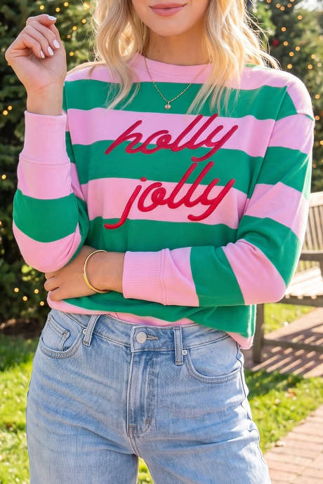 Sweatshirt Pullover Bordir Huruf Holly Jolly Garis Hijau