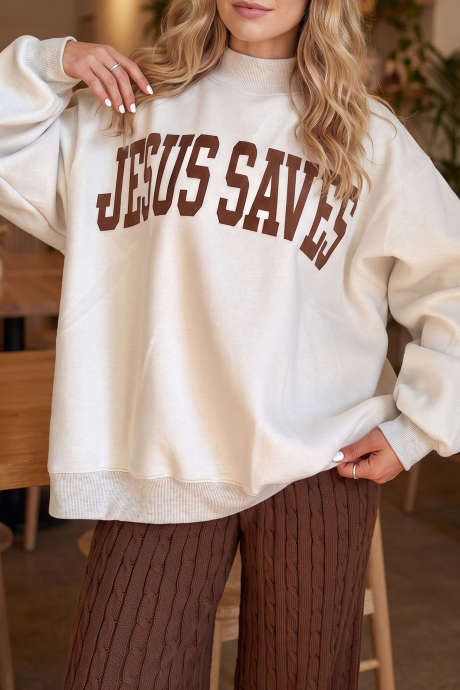 Sweatshirt Pullover Kerah Tinggi Warna Abu-abu Muda dengan Motif Keimanan Kristen