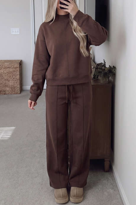 Set pantaloni cu șnur și guler, culoare cafea, cu bordură solidă și guler moale