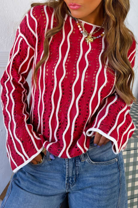 Sweater Pullover Katun Lengan Panjang Rajut Berlubang dengan Detail Gelombang Warna Merah Balap