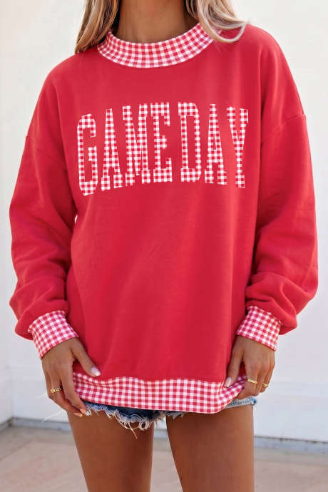 Sweatshirt Tunik Pullover Motif Kotak-kotak Gingham Merah Menyala dengan Cetakan Huruf