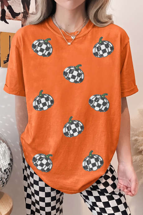 Kaos Kasual Lengan Pendek Leher Bulat Motif Labu Berpayet Oranye