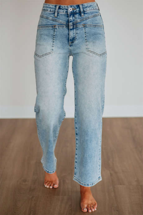 Quần jeans ống đứng cạp trung Beau Blue Casual Stitched
