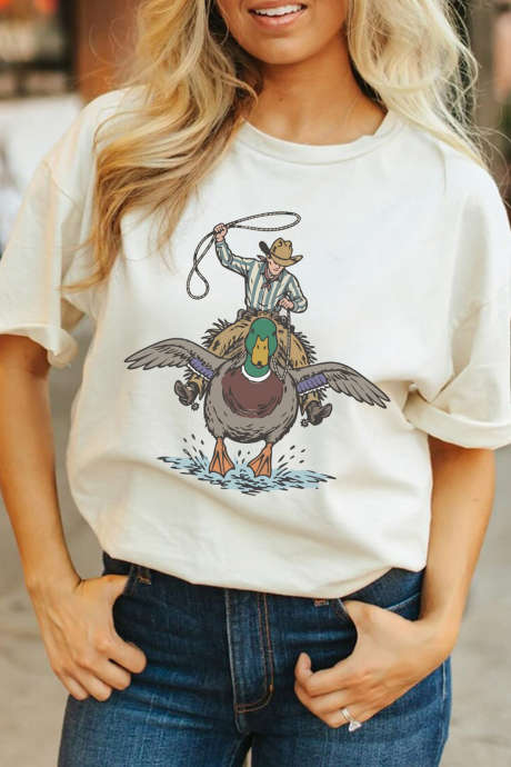 Kaos Grafis Kasual Bergambar Bebek Barat Putih