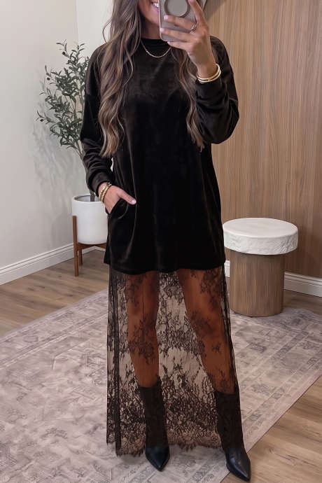 Black Velvet Long Sleeve Lace Splicing Hem Shift Maxi Dress