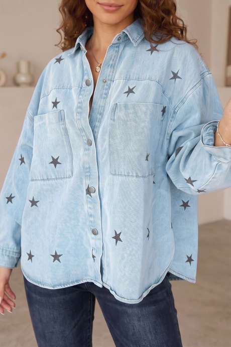 Áo khoác denim dài tay cổ bẻ họa tiết sao trời xanh