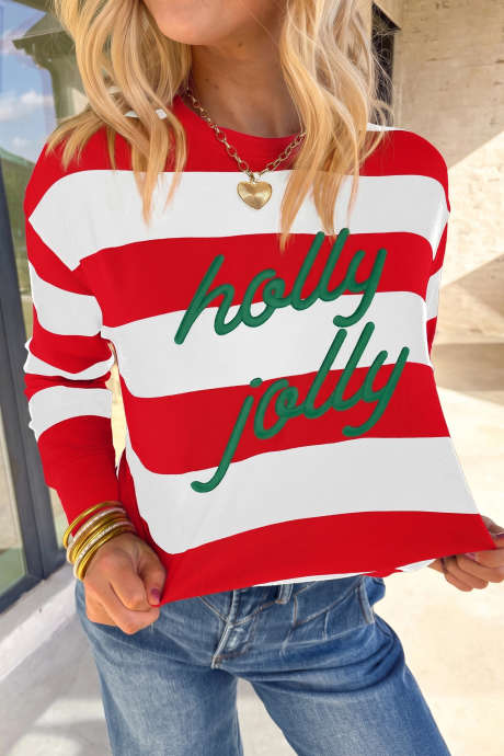 Pulover z vezenim napisom in rdečimi črtami Holly Jolly LC25322023-P319