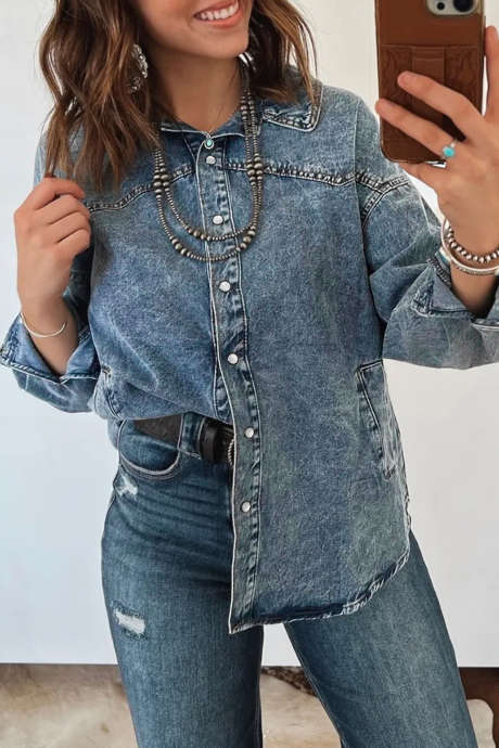 Camicia western a maniche lunghe, blu crepuscolo, con colletto, tunica e giacca di jeans
