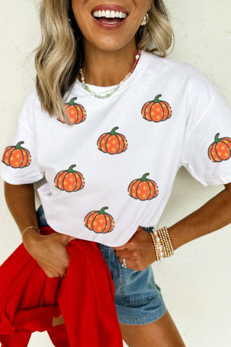 Weißes, paillettenbesetztes T-Shirt mit Sternen- und Kürbismotiv, lässiger Rundhalsausschnitt