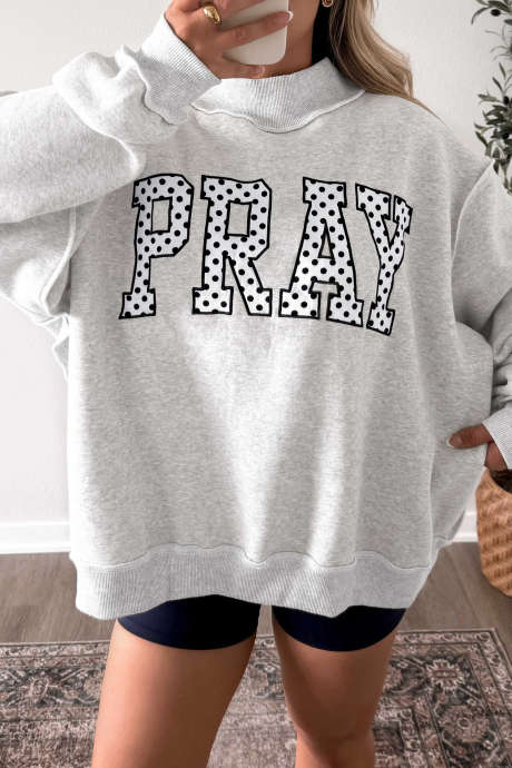 Szara bluza PRAY z haftowanym golfem w kropki